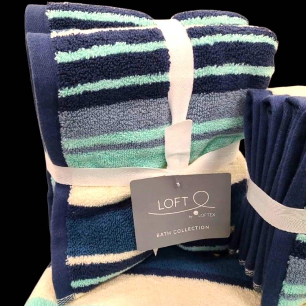 8pc Loft Turquoise Cream Blue Striped Cotton Bath Hand Washcloth Towel Set New - Picture 2 of 10